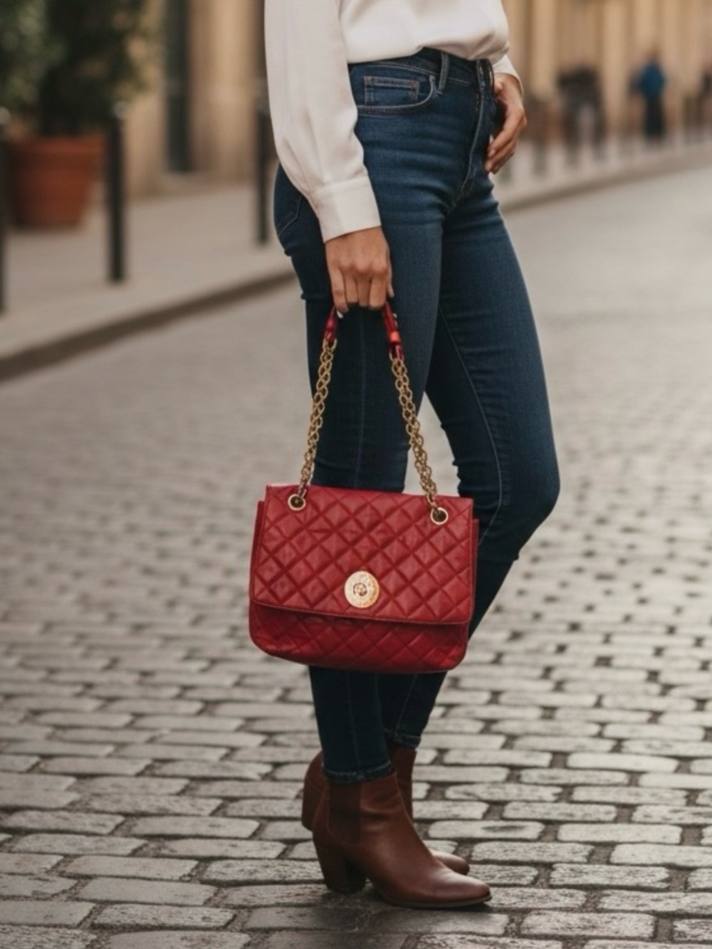Isaac Mizrahi Quilted Red Shoulder Bag with Gold Chain